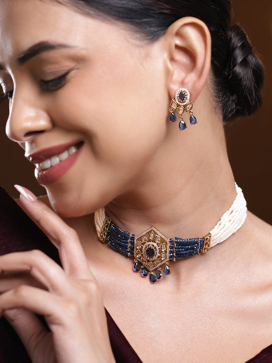 Rubans 22K Gold-Plated Handcrafted Choker Necklace Set with Navy Blue Cubic Zirconia & Off-White Beads