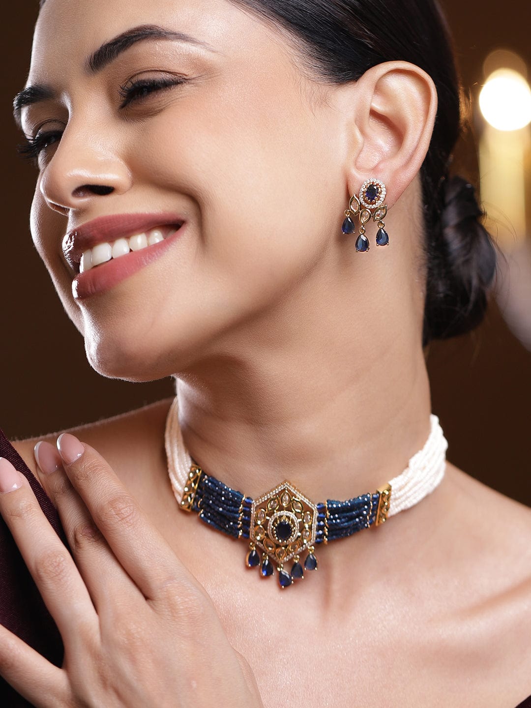 Rubans 22K Gold-Plated Handcrafted Choker Necklace Set with Navy Blue Cubic Zirconia & Off-White Beads