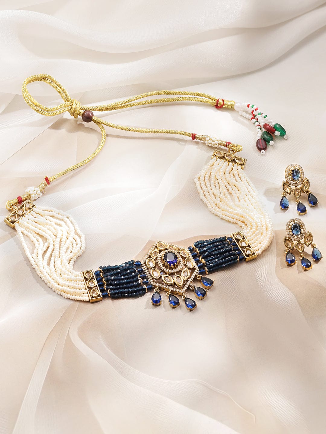 Rubans 22K Gold-Plated Handcrafted Choker Necklace Set with Navy Blue Cubic Zirconia & Off-White Beads