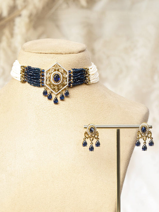 Rubans 22K Gold-Plated Handcrafted Choker Necklace Set with Navy Blue Cubic Zirconia & Off-White Beads