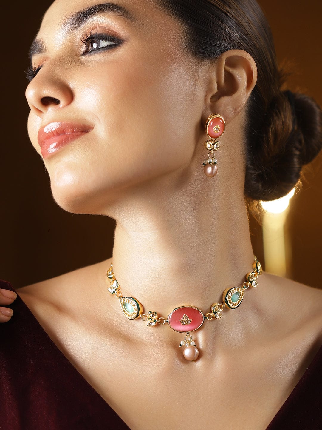 Rubans 22K Gold-Plated Handcrafted Enamel Kundan Choker Necklace Set with Rosy Pink & Green Stones and Glossy Pink Pearl Beads Drops for Women & Girls – Perfect for Weddings & Royal Festive Styling