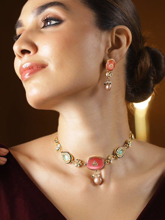 Rubans 22K Gold-Plated Handcrafted Enamel Kundan Choker Necklace Set with Rosy Pink & Green Stones and Glossy Pink Pearl Beads Drops for Women & Girls – Perfect for Weddings & Royal Festive Styling