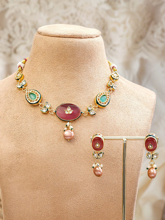 Rubans 22K Gold-Plated Handcrafted Enamel Kundan Choker Necklace Set with Rosy Pink & Green Stones and Glossy Pink Pearl Beads Drops for Women & Girls – Perfect for Weddings & Royal Festive Styling
