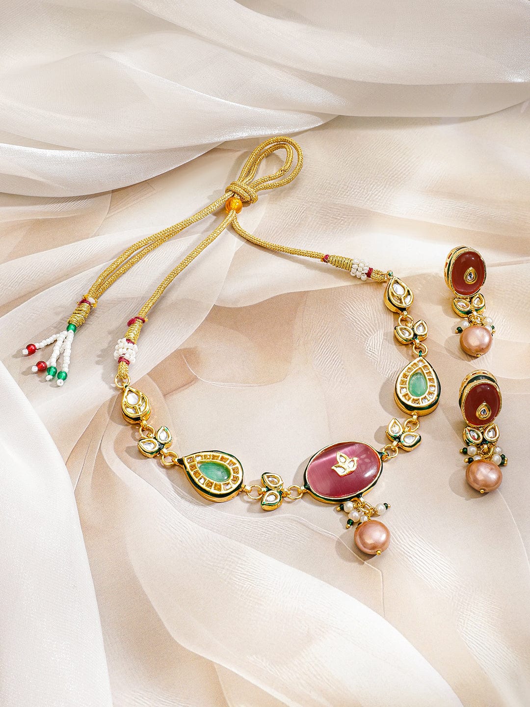 Rubans 22K Gold-Plated Handcrafted Enamel Kundan Choker Necklace Set with Rosy Pink & Green Stones and Glossy Pink Pearl Beads Drops for Women & Girls – Perfect for Weddings & Royal Festive Styling