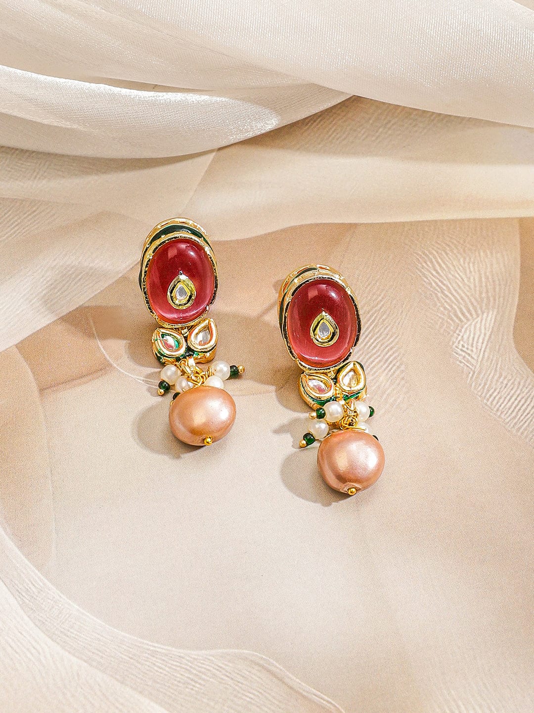 Rubans 22K Gold-Plated Handcrafted Enamel Kundan Choker Necklace Set with Rosy Pink & Green Stones and Glossy Pink Pearl Beads Drops for Women & Girls – Perfect for Weddings & Royal Festive Styling