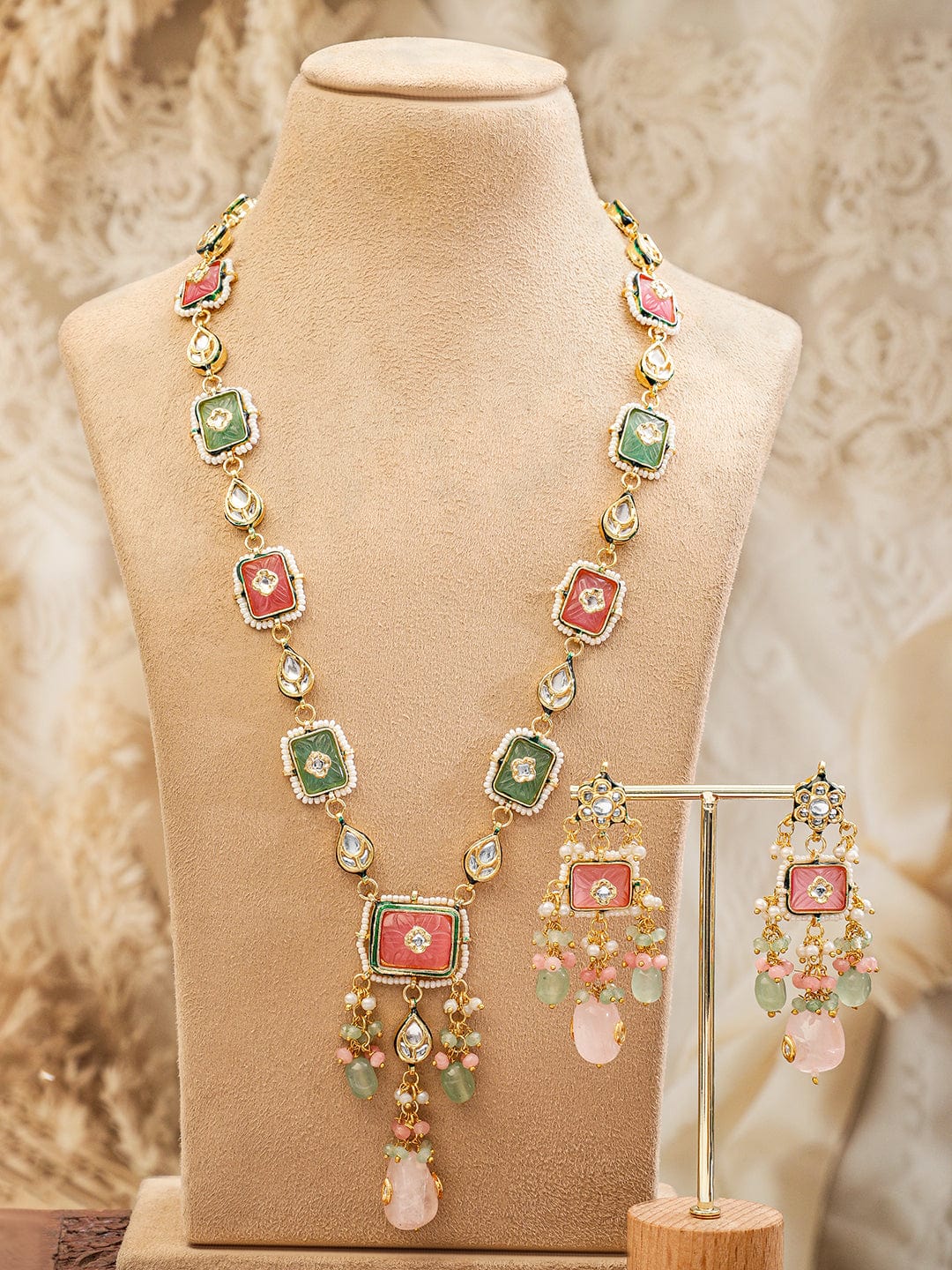 Rubans 22K Gold-Plated Handcrafted Enamel Meenakari Kundan Luxe Necklace Set with Pastel Pink & Green Gem Floral Beads and CZ Accents