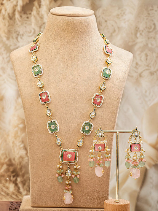Rubans 22K Gold-Plated Handcrafted Enamel Meenakari Kundan Luxe Necklace Set with Pastel Pink & Green Gem Floral Beads and CZ Accents