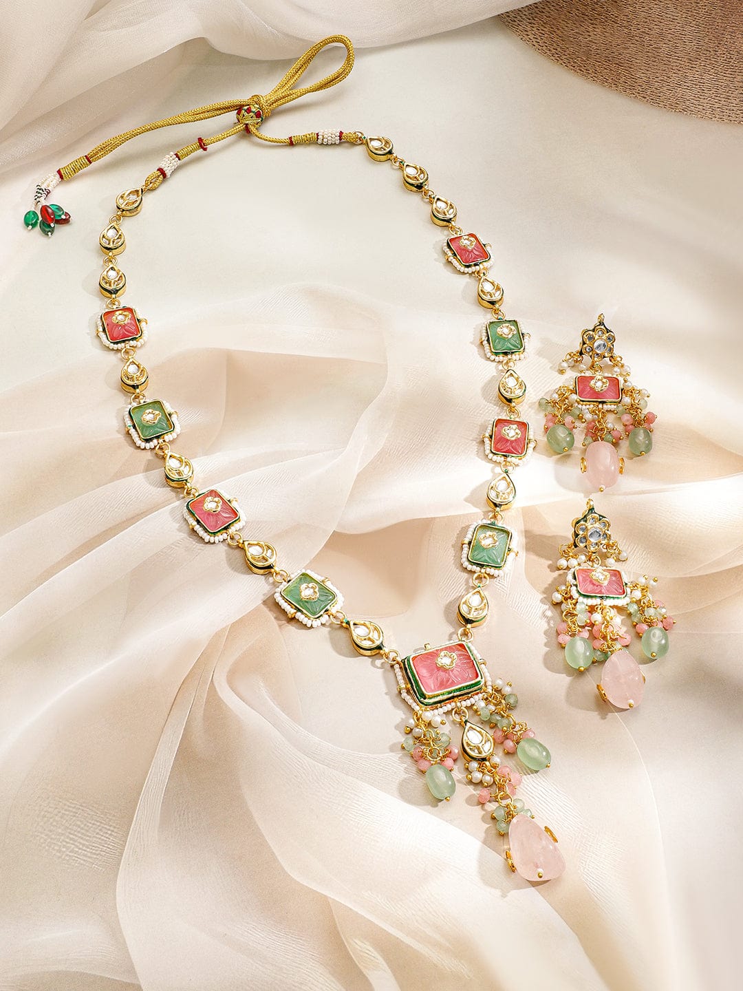 Rubans 22K Gold-Plated Handcrafted Enamel Meenakari Kundan Luxe Necklace Set with Pastel Pink & Green Gem Floral Beads and CZ Accents