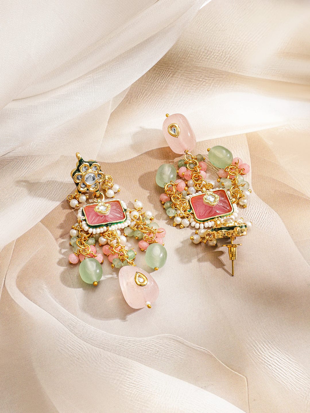 Rubans 22K Gold-Plated Handcrafted Enamel Meenakari Kundan Luxe Necklace Set with Pastel Pink & Green Gem Floral Beads and CZ Accents
