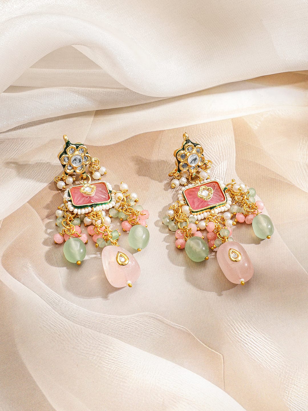 Rubans 22K Gold-Plated Handcrafted Enamel Meenakari Kundan Luxe Necklace Set with Pastel Pink & Green Gem Floral Beads and CZ Accents