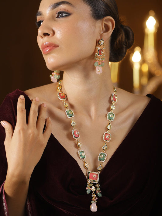 Rubans 22K Gold-Plated Handcrafted Enamel Meenakari Kundan Luxe Necklace Set with Pastel Pink & Green Gem Floral Beads and CZ Accents