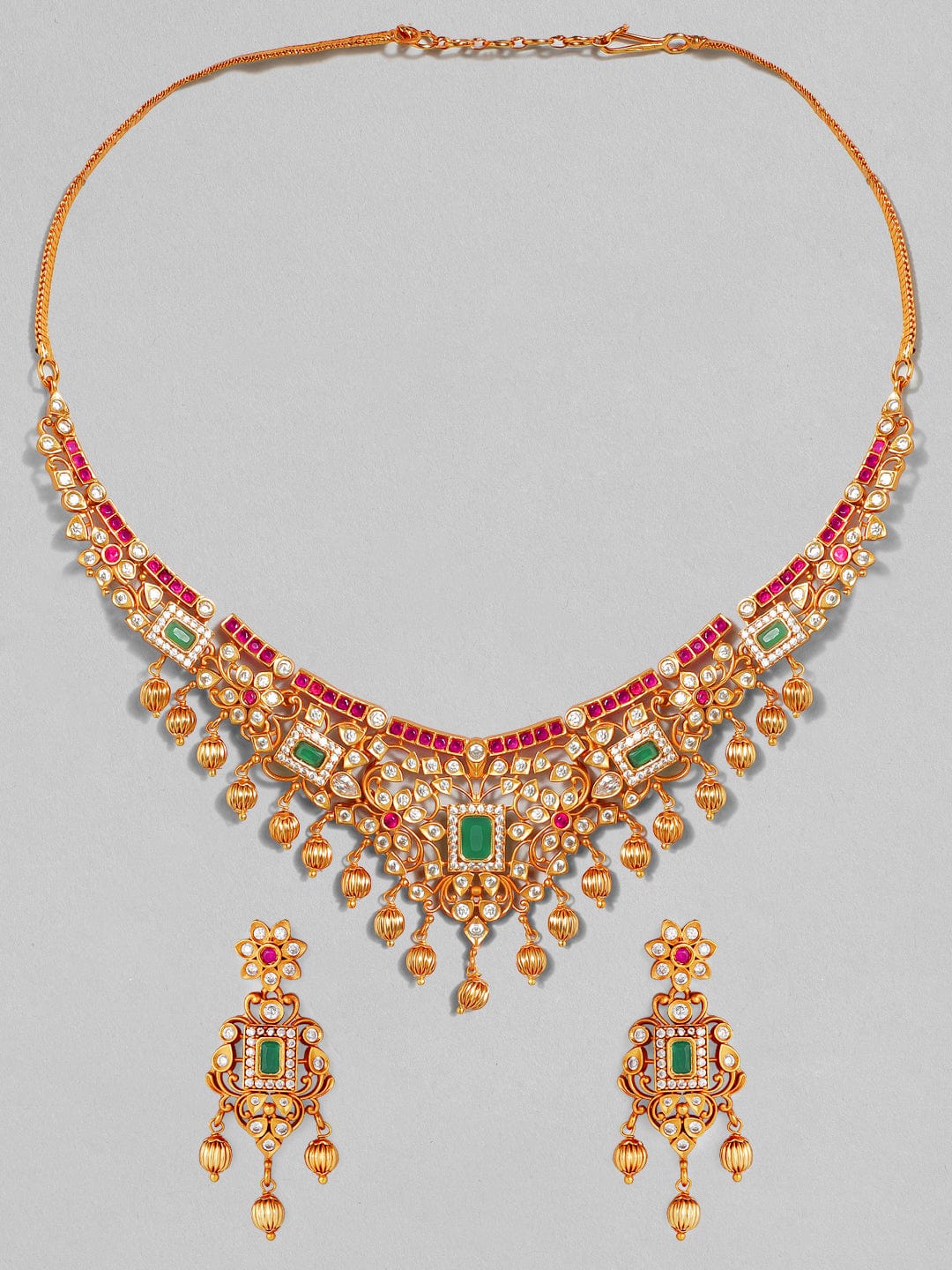 Rubans 22K Gold Plated Handcrafted Faux Ruby Stone with Gold Beads Traditional Necklace Set