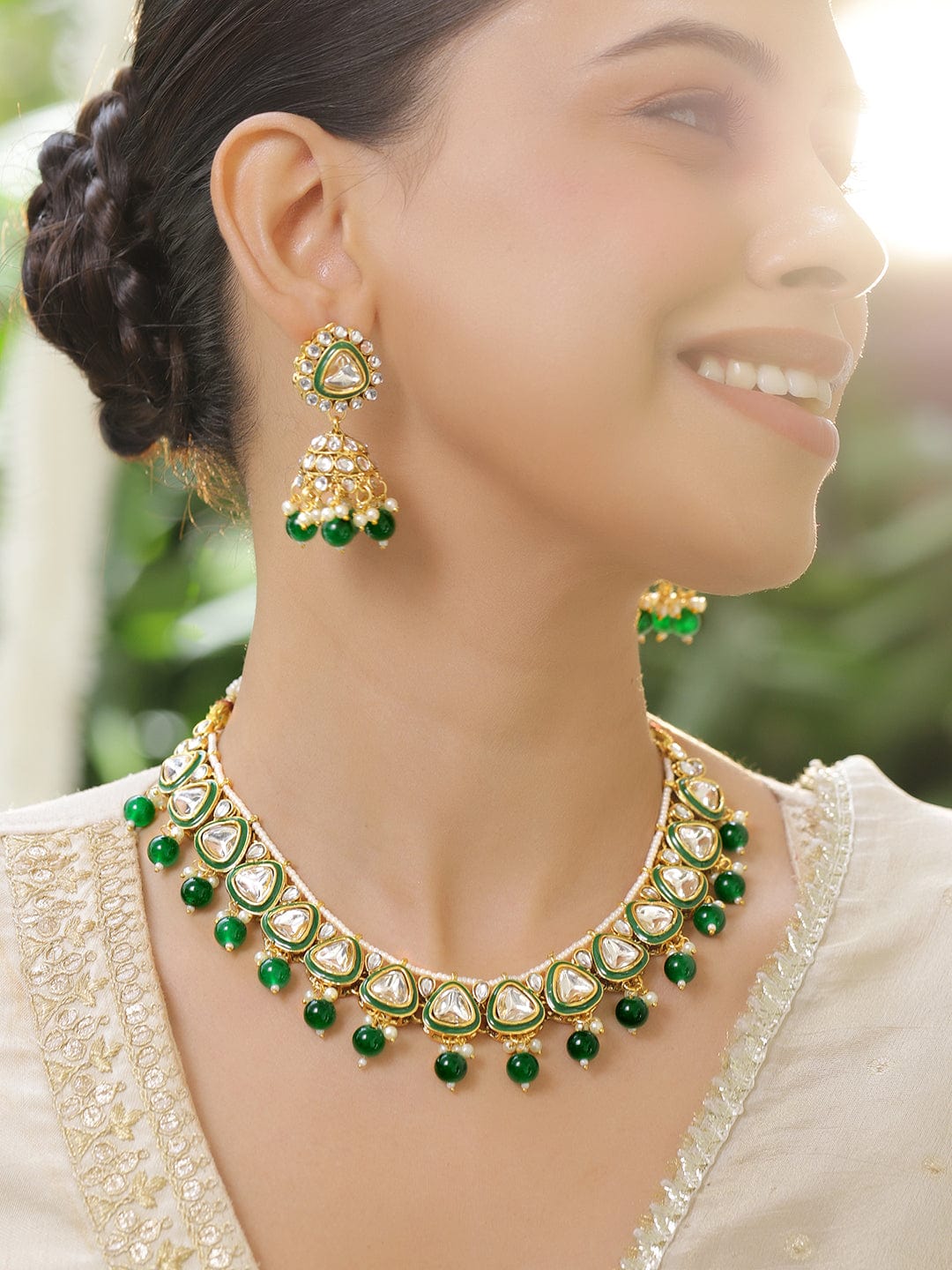 Rubans 22K Gold-Plated Handcrafted Kundan Studded Green Enamel & Green Beaded Necklace Set