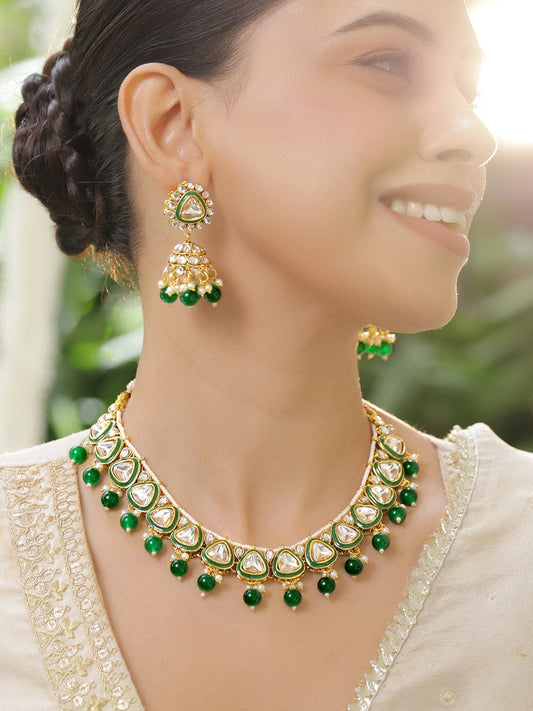 Rubans 22K Gold-Plated Handcrafted Kundan Studded Green Enamel & Green Beaded Necklace Set