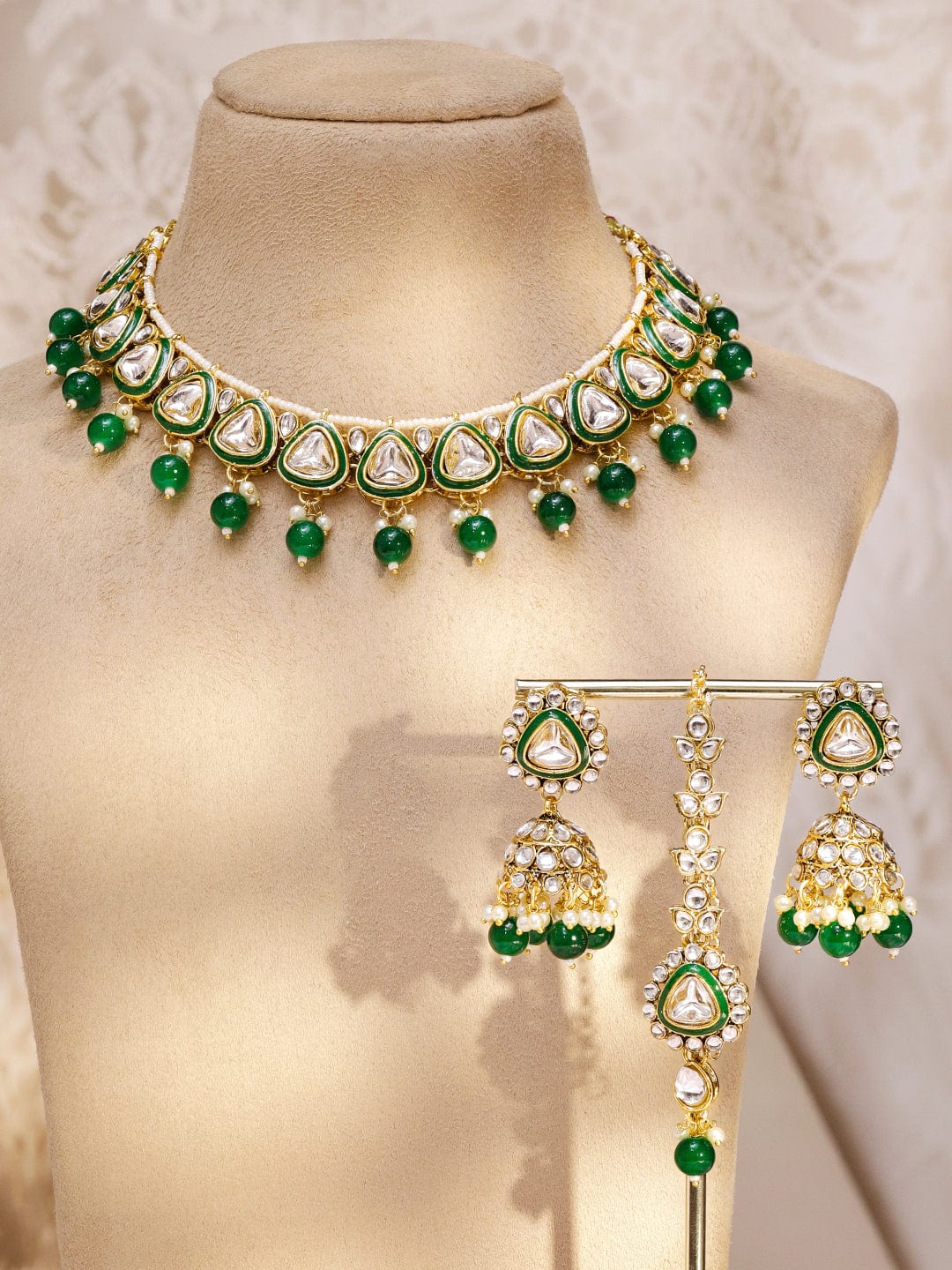 Rubans 22K Gold-Plated Handcrafted Kundan Studded Green Enamel & Green Beaded Necklace Set