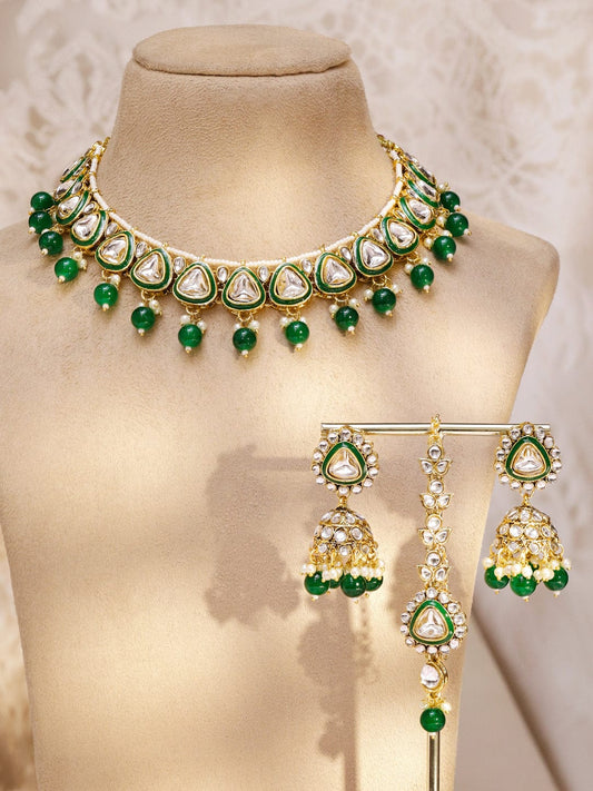Rubans 22K Gold-Plated Handcrafted Kundan Studded Green Enamel & Green Beaded Necklace Set