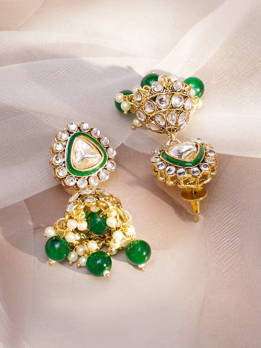 Rubans 22K Gold-Plated Handcrafted Kundan Studded Green Enamel & Green Beaded Necklace Set