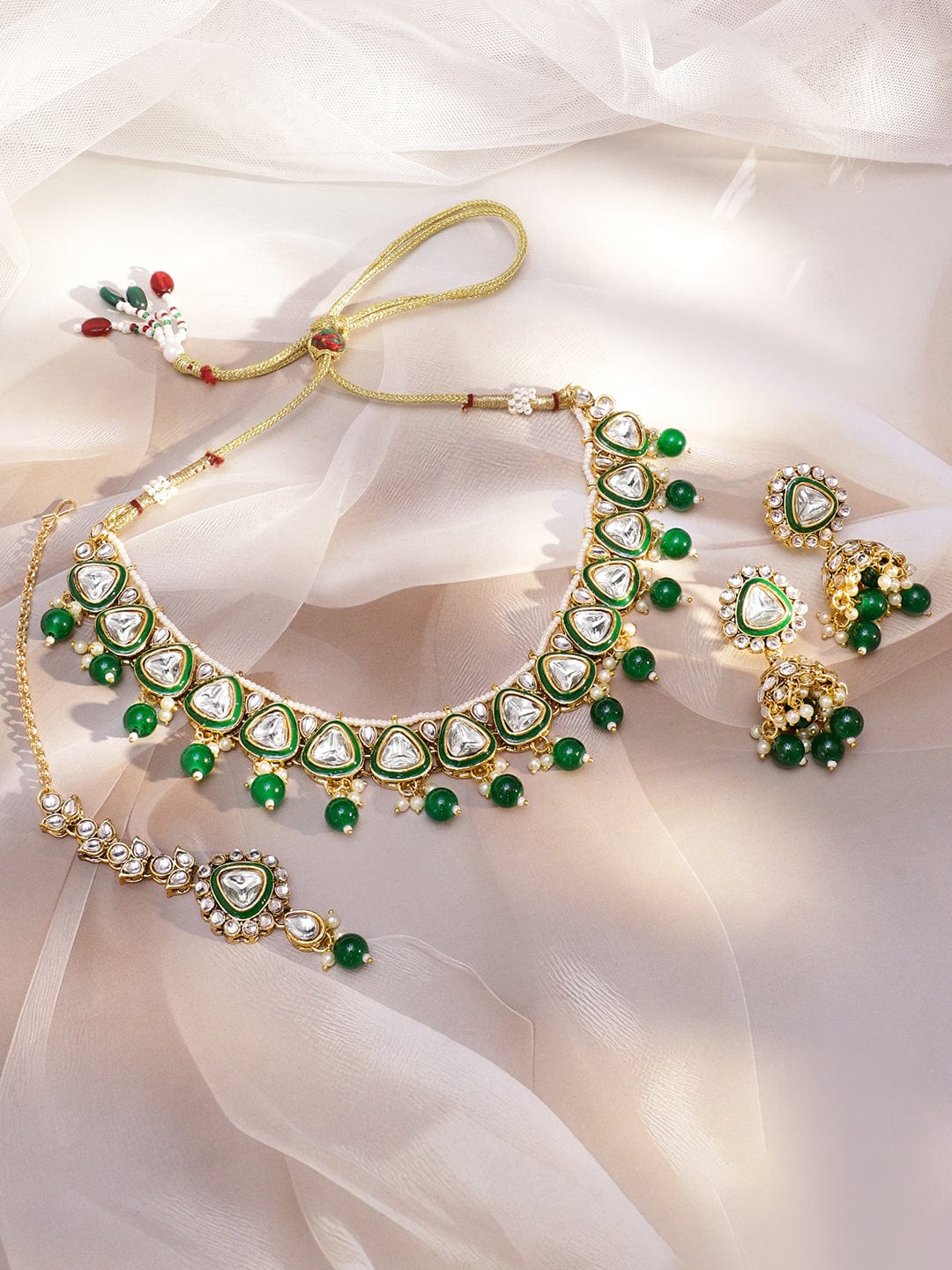 Rubans 22K Gold-Plated Handcrafted Kundan Studded Green Enamel & Green Beaded Necklace Set