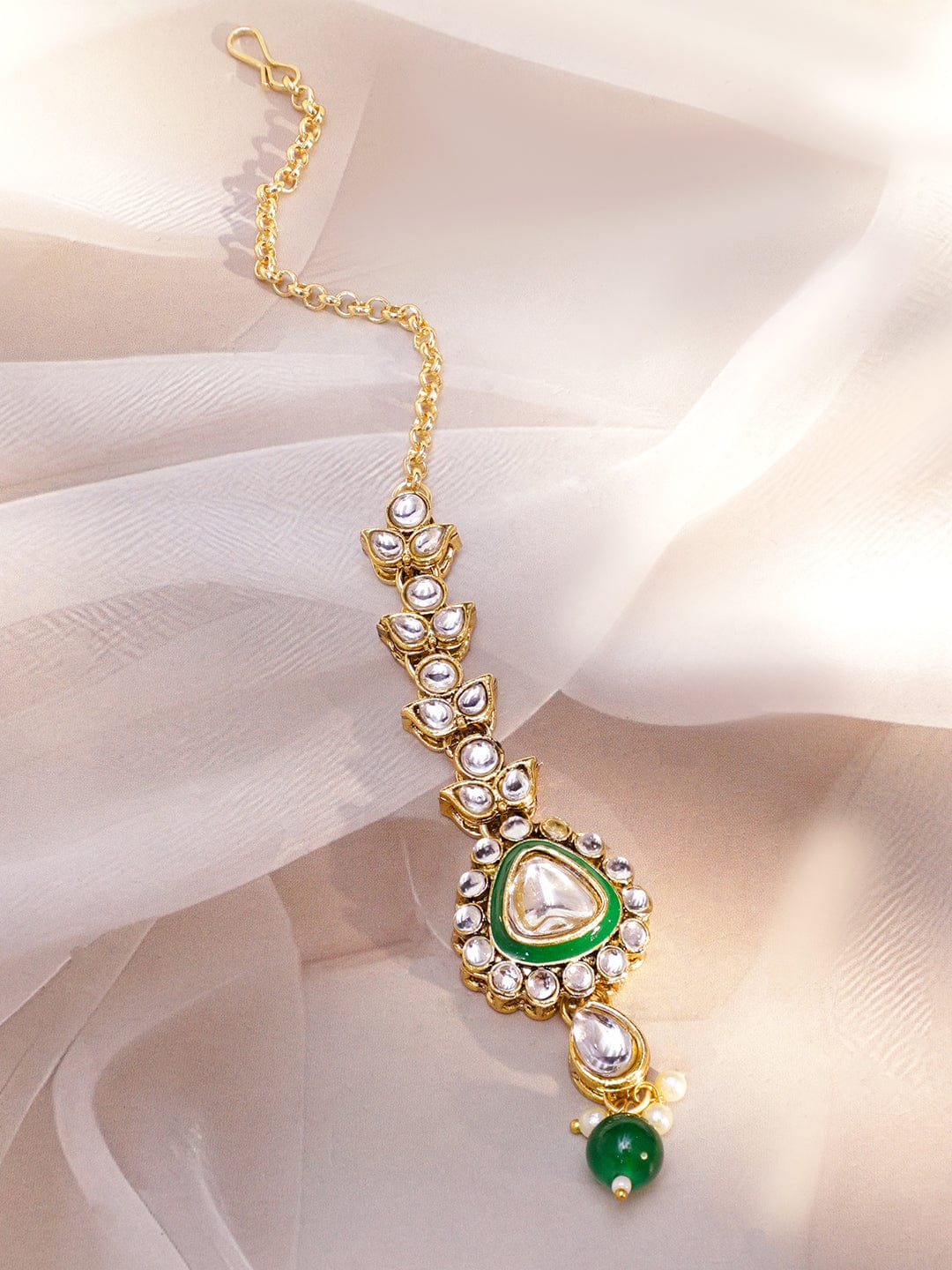 Rubans 22K Gold-Plated Handcrafted Kundan Studded Green Enamel & Green Beaded Necklace Set