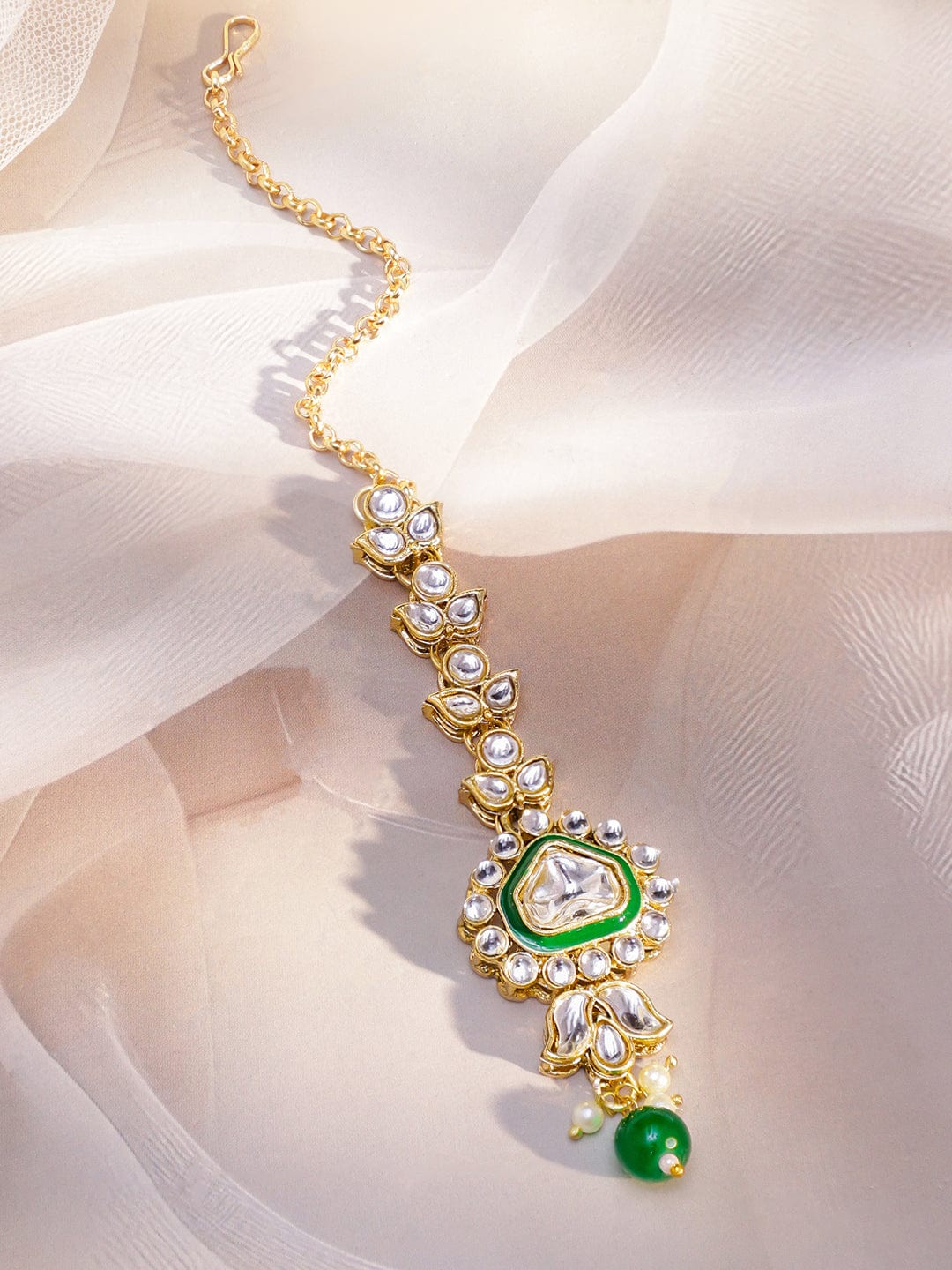 Rubans 22K Gold-Plated Handcrafted Kundan Studded Green Enamel & Green Pearl Beaded Necklace Set