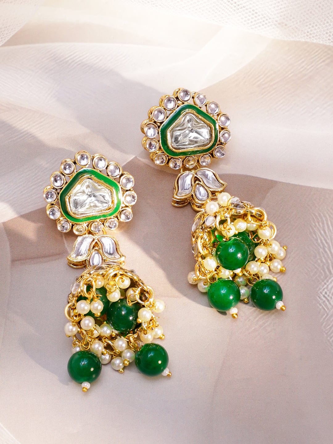 Rubans 22K Gold-Plated Handcrafted Kundan Studded Green Enamel & Green Pearl Beaded Necklace Set