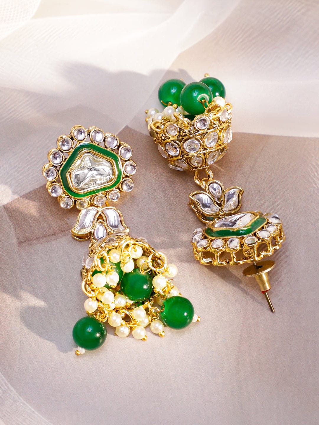 Rubans 22K Gold-Plated Handcrafted Kundan Studded Green Enamel & Green Pearl Beaded Necklace Set