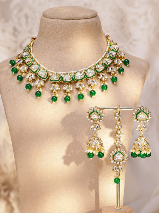Rubans 22K Gold-Plated Handcrafted Kundan Studded Green Enamel & Green Pearl Beaded Necklace Set