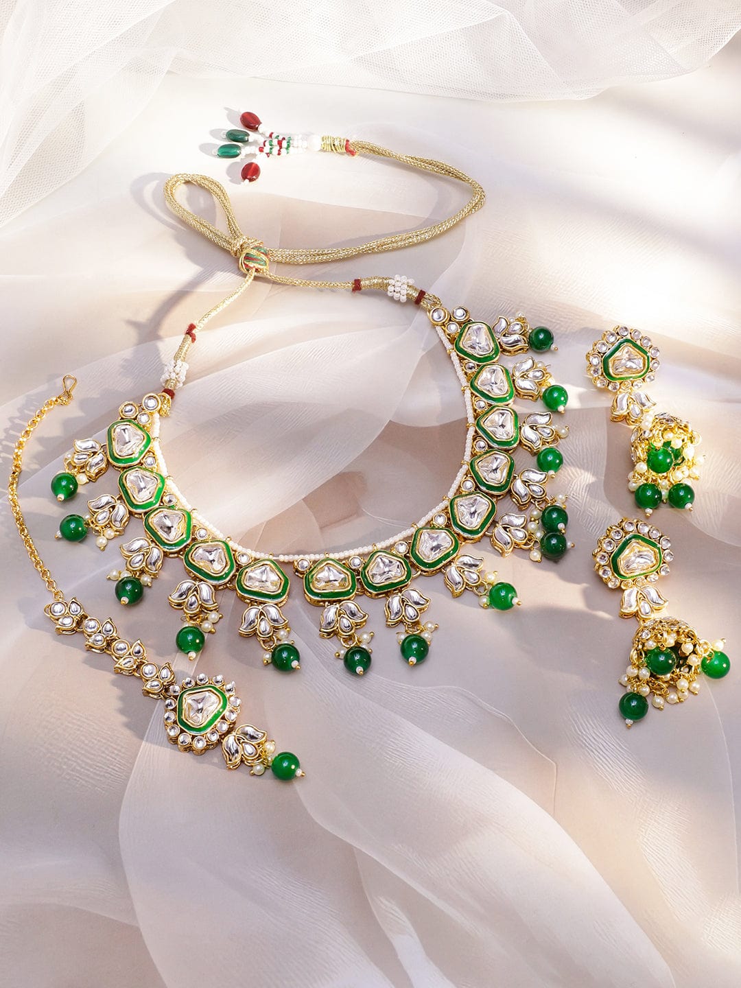 Rubans 22K Gold-Plated Handcrafted Kundan Studded Green Enamel & Green Pearl Beaded Necklace Set
