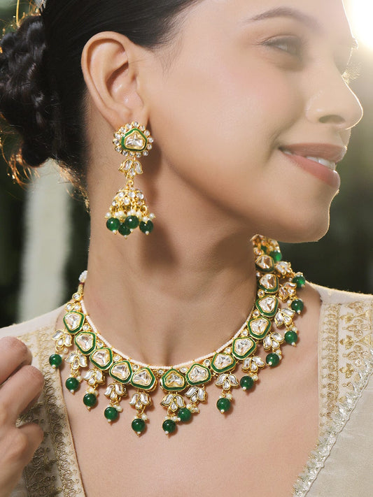 Rubans 22K Gold-Plated Handcrafted Kundan Studded Green Enamel & Green Pearl Beaded Necklace Set