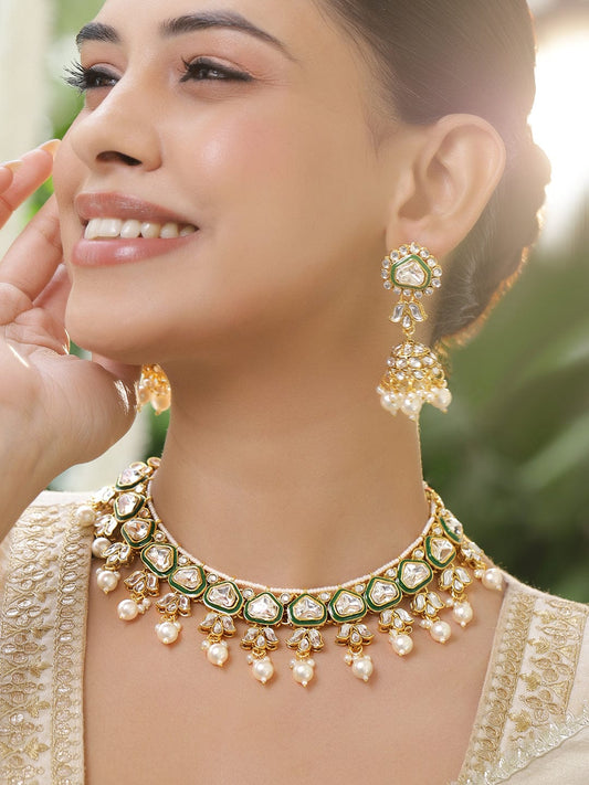 Rubans 22K Gold-Plated Handcrafted Kundan Studded Green Enamel & White Pearl Beaded Necklace Set