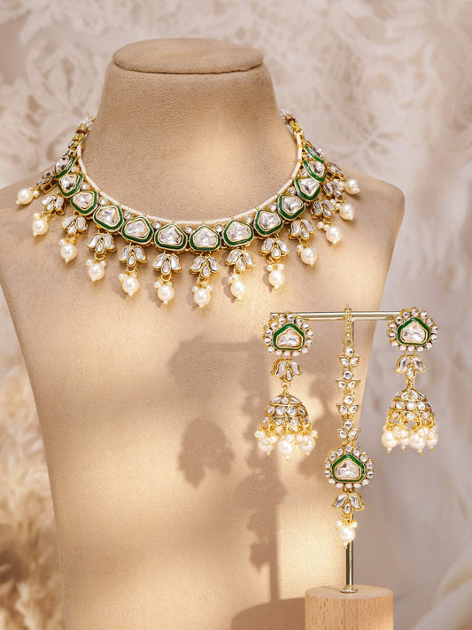 Rubans 22K Gold-Plated Handcrafted Kundan Studded Green Enamel & White Pearl Beaded Necklace Set