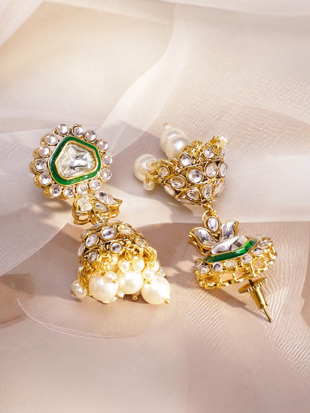 Rubans 22K Gold-Plated Handcrafted Kundan Studded Green Enamel & White Pearl Beaded Necklace Set