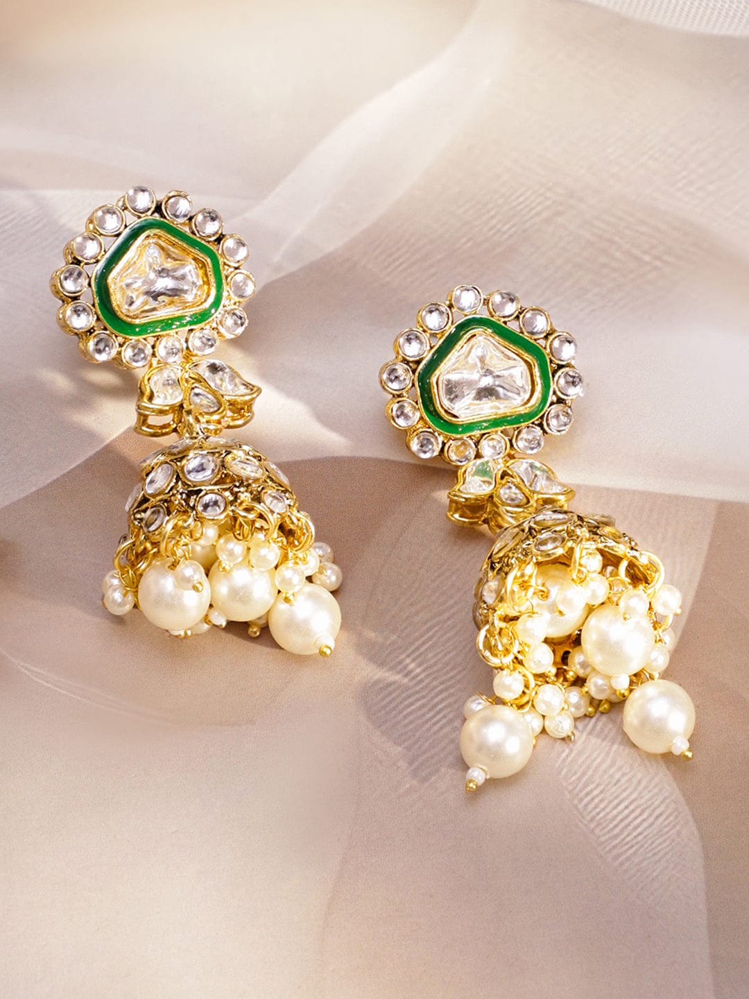 Rubans 22K Gold-Plated Handcrafted Kundan Studded Green Enamel & White Pearl Beaded Necklace Set