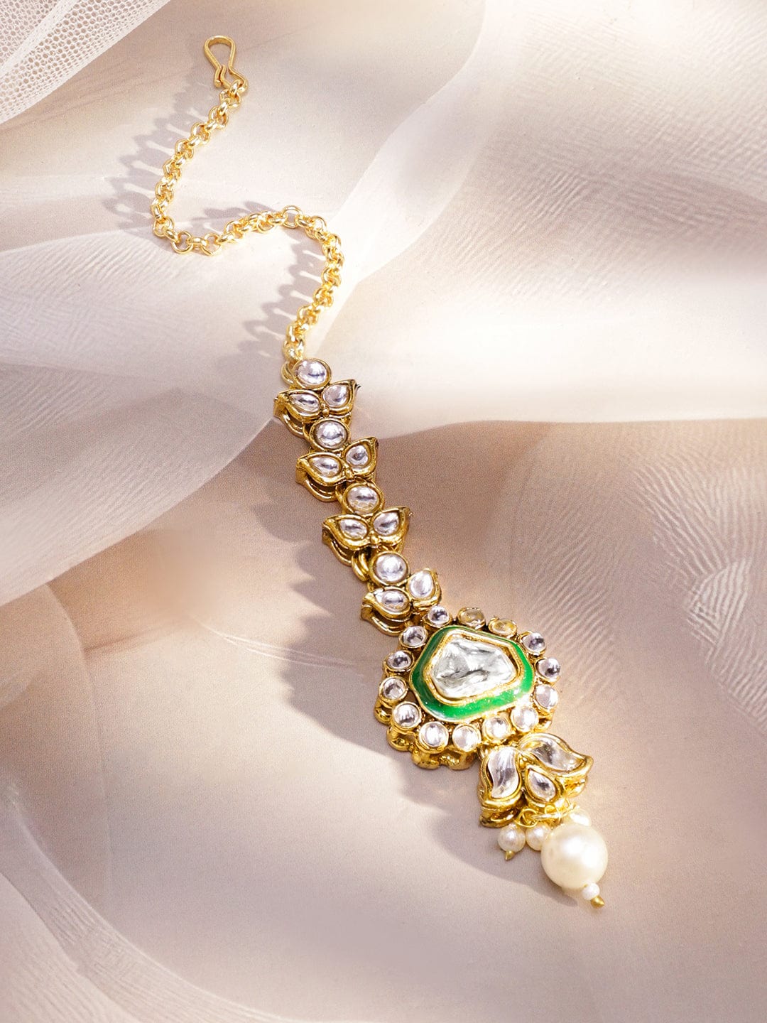 Rubans 22K Gold-Plated Handcrafted Kundan Studded Green Enamel & White Pearl Beaded Necklace Set
