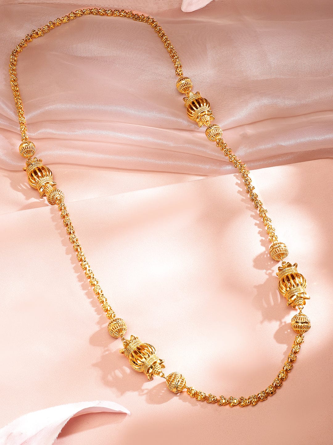 Rubans 22K Gold-Plated Handcrafted Long Necklace with Ornate Beaded Motifs for Women