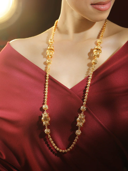 Rubans 22K Gold-Plated Handcrafted Long Necklace with Ornate Beaded Motifs for Women