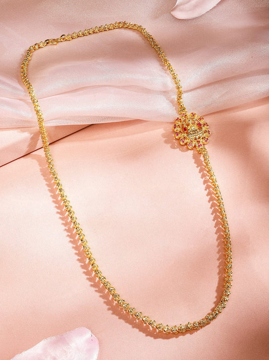 Rubans 22K Gold-Plated Handcrafted Long Necklace with Ruby Pink Accented Side Pendant for Women