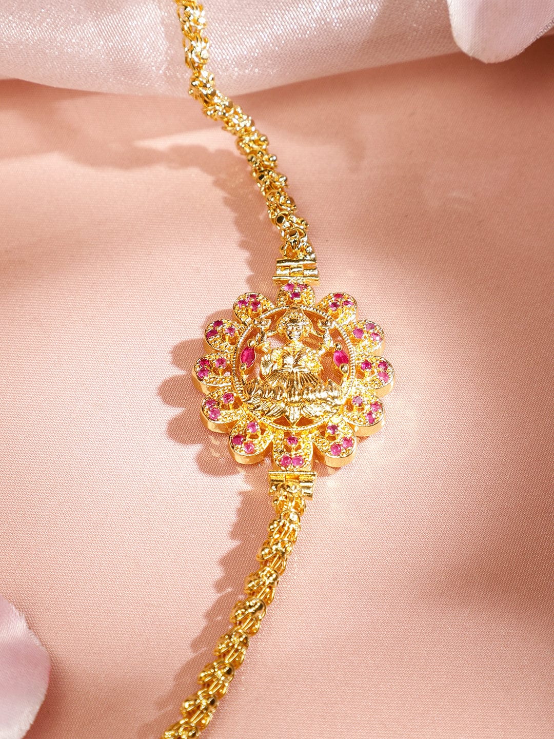 Rubans 22K Gold-Plated Handcrafted Long Necklace with Ruby Pink Accented Side Pendant for Women