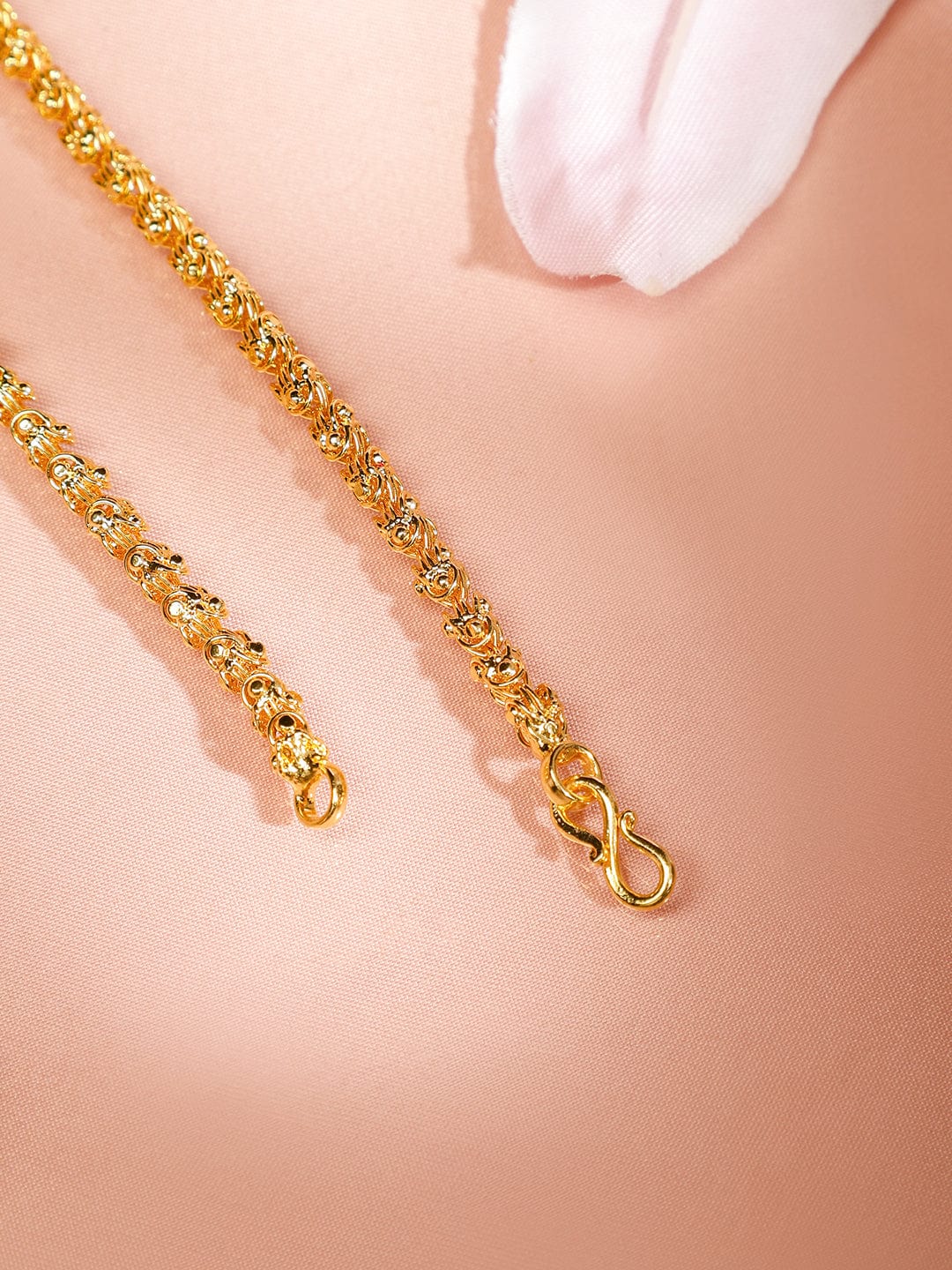 Rubans 22K Gold-Plated Handcrafted Long Necklace with Ruby Pink Accented Side Pendant for Women