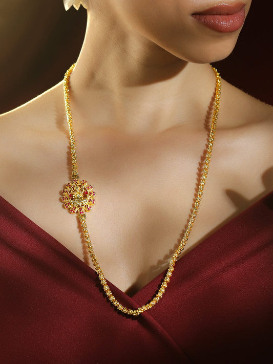Rubans 22K Gold-Plated Handcrafted Long Necklace with Ruby Pink Accented Side Pendant for Women