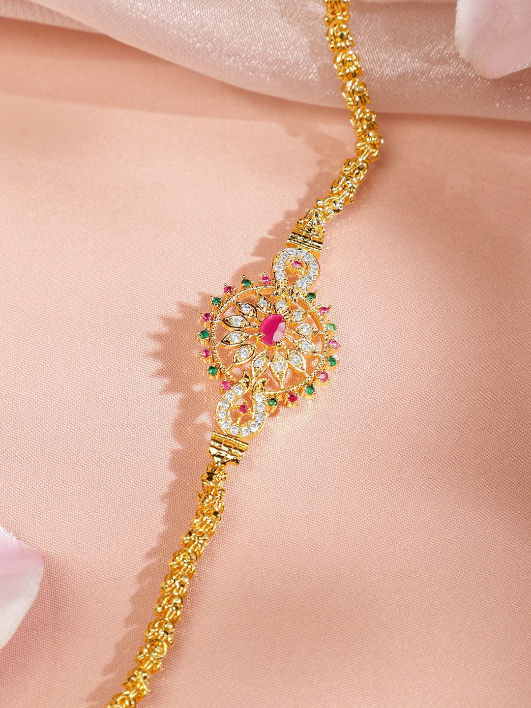Rubans 22K Gold-Plated Handcrafted Long Necklace with Ruby Pink & Emerald Green Accent Pendant for Women