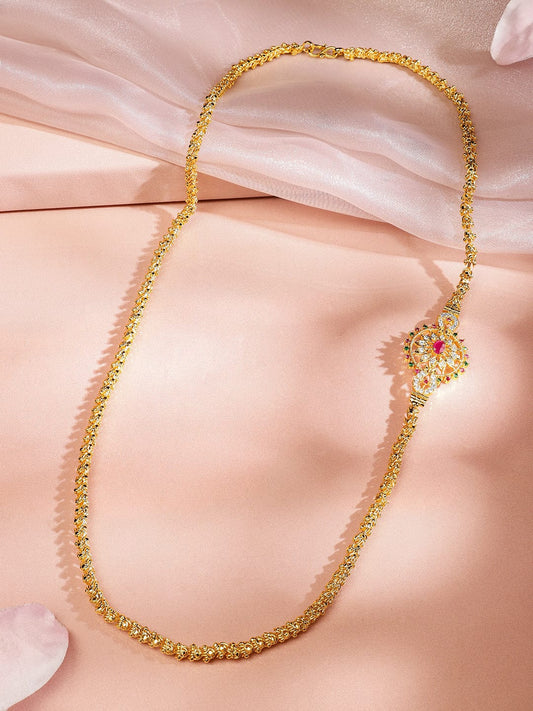Rubans 22K Gold-Plated Handcrafted Long Necklace with Ruby Pink & Emerald Green Accent Pendant for Women