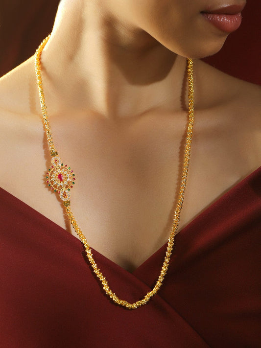 Rubans 22K Gold-Plated Handcrafted Long Necklace with Ruby Pink & Emerald Green Accent Pendant for Women