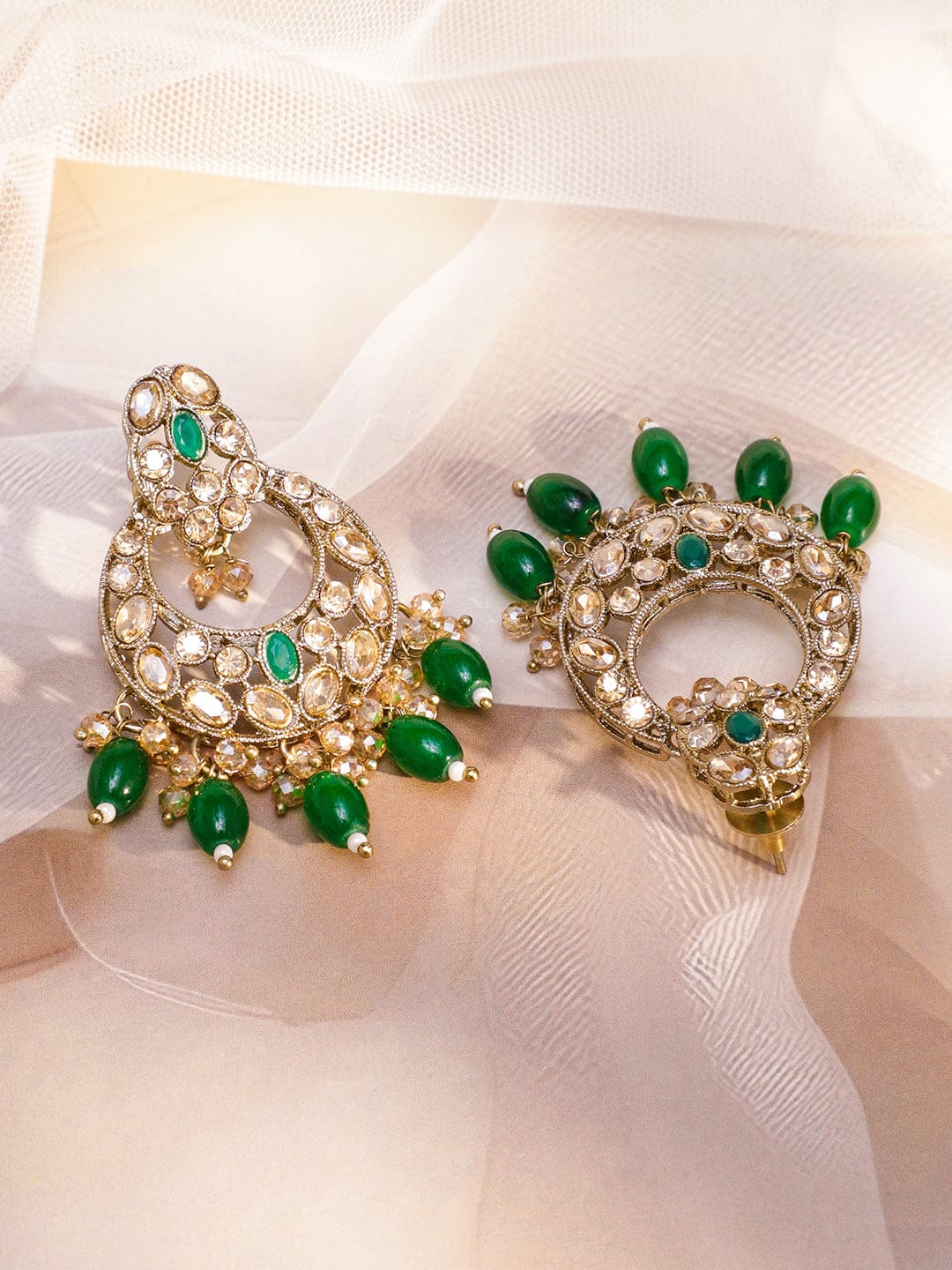 Rubans 22K Gold-Plated Handcrafted White & Green Kundan Studded Necklace Set with Green Drop Beads & Off-White Pearl Beads