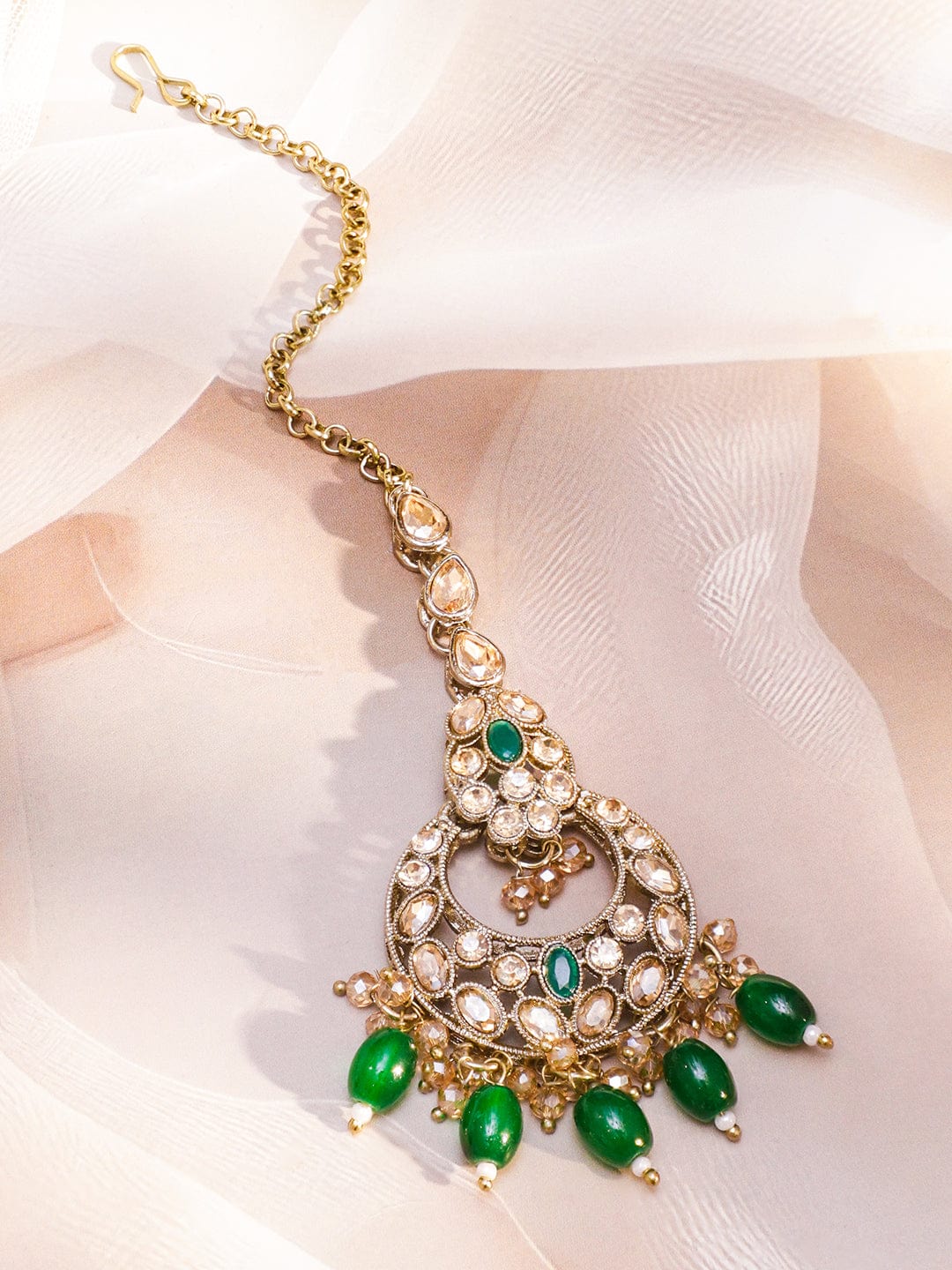 Rubans 22K Gold-Plated Handcrafted White & Green Kundan Studded Necklace Set with Green Drop Beads & Off-White Pearl Beads
