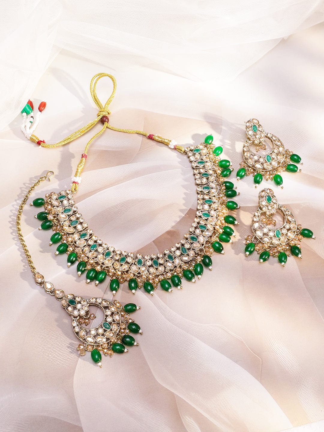 Rubans 22K Gold-Plated Handcrafted White & Green Kundan Studded Necklace Set with Green Drop Beads & Off-White Pearl Beads
