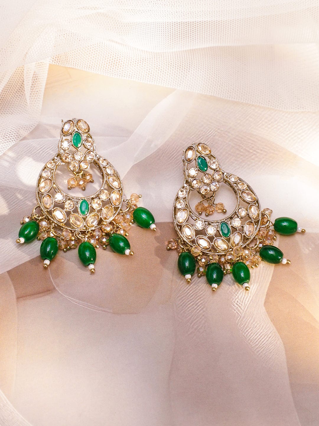 Rubans 22K Gold-Plated Handcrafted White & Green Kundan Studded Necklace Set with Green Drop Beads & Off-White Pearl Beads