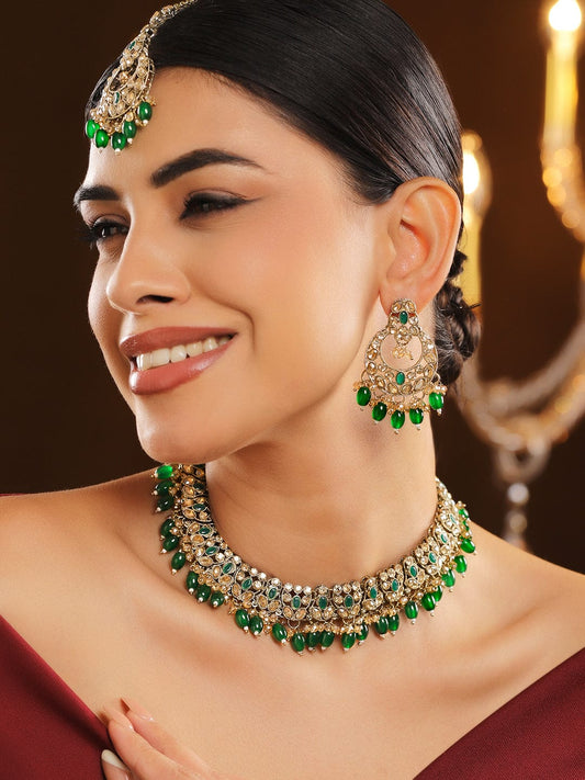 Rubans 22K Gold-Plated Handcrafted White & Green Kundan Studded Necklace Set with Green Drop Beads & Off-White Pearl Beads