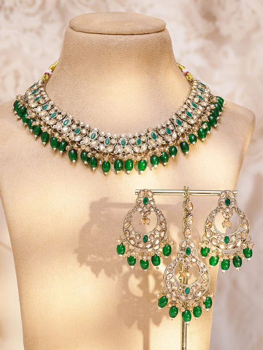 Rubans 22K Gold-Plated Handcrafted White & Green Kundan Studded Necklace Set with Green Drop Beads & Off-White Pearl Beads