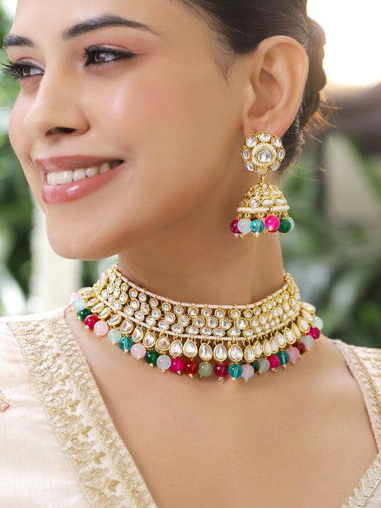 Rubans 22K Gold-Plated Handcrafted White Kundan & Cubic Zirconia Studded Double Layer Necklace Set with Multi-Colored Beads